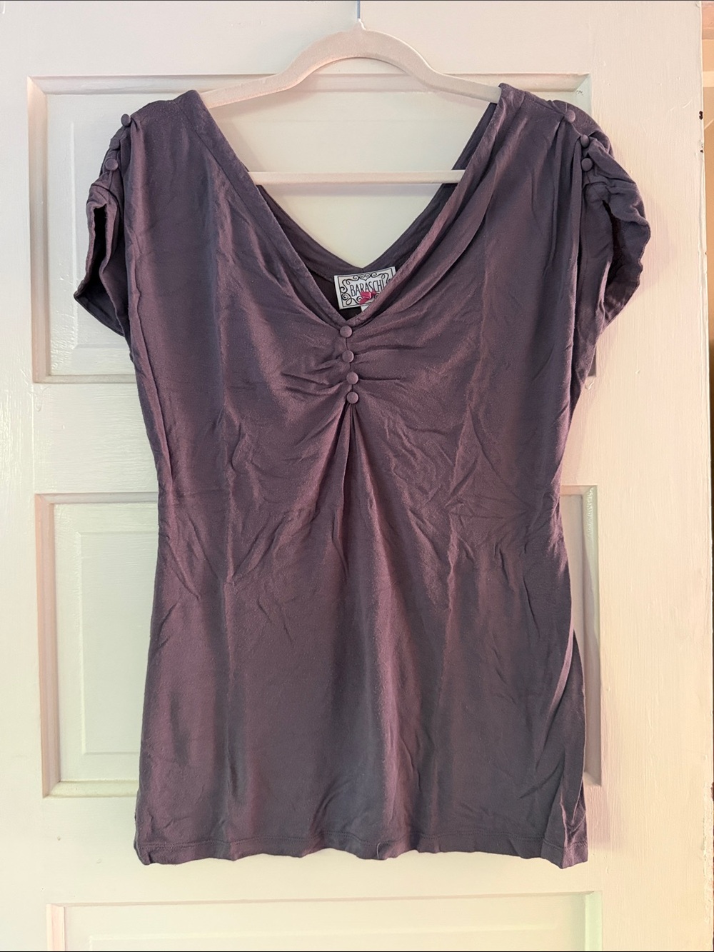 Gray-Purple V-Neck Ruched Short Sleeve Top